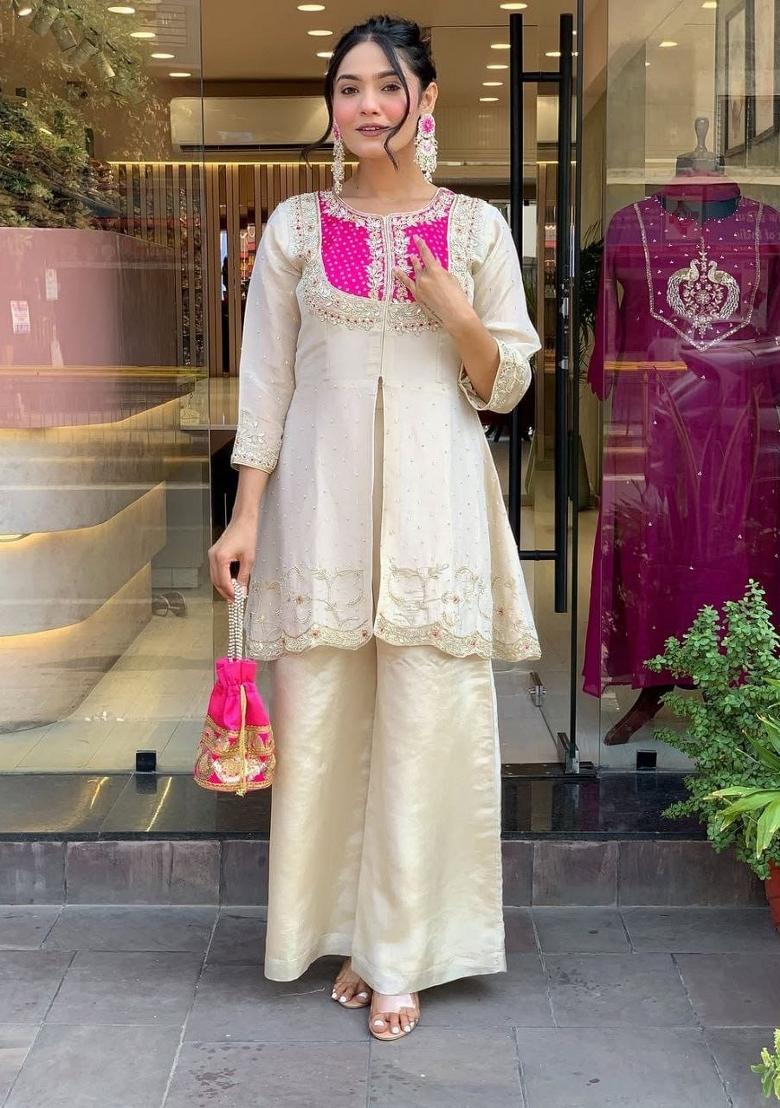 White Embroidered Silk Co Ord Sets - Indya