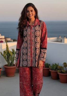 Red Printed Cotton Co Ord Sets