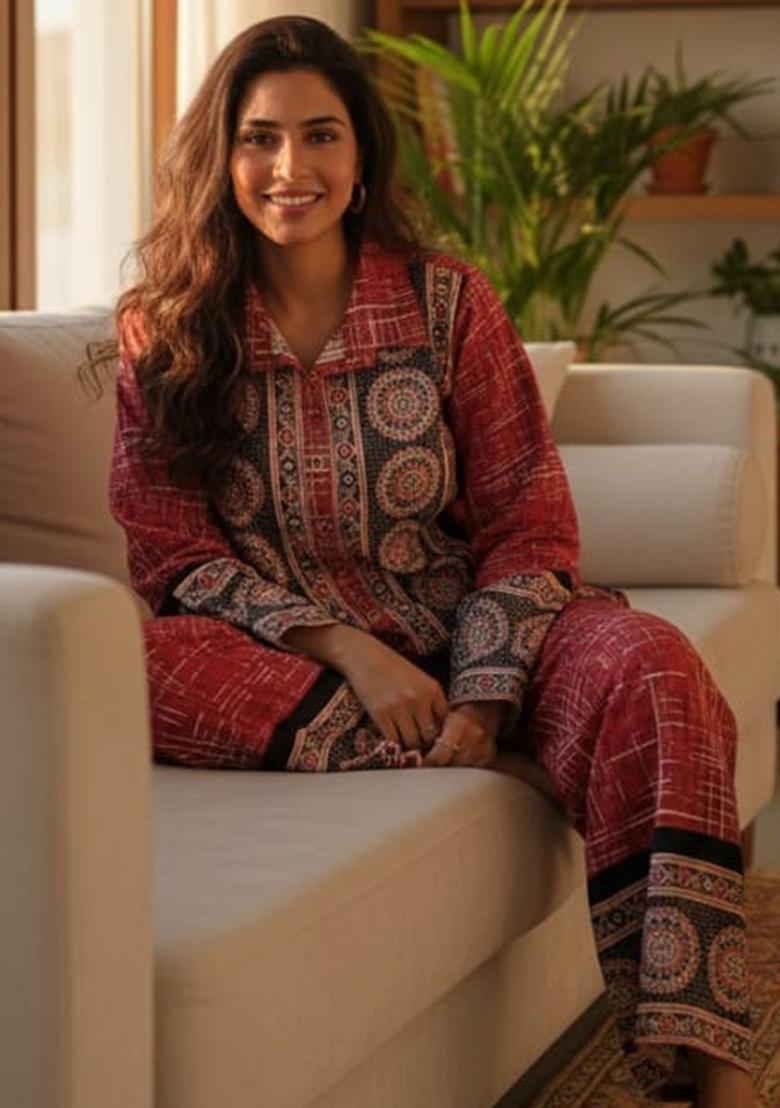 Red Printed Cotton Co Ord Sets - Indya