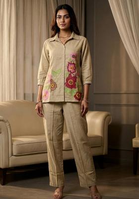 Beige Embroidered Cotton Co Ord Sets