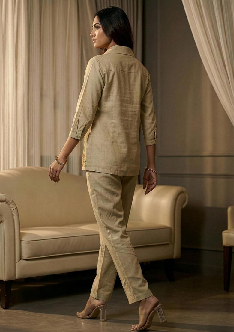 Beige Embroidered Cotton Co Ord Sets - Indya