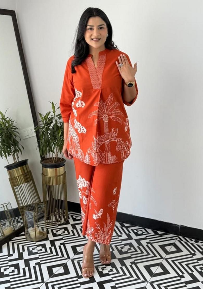 Rust Printed Cotton Co Ord Sets - Indya