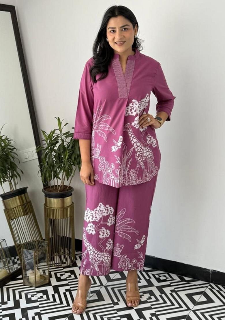 Purple Printed Cotton Co Ord Sets - Indya