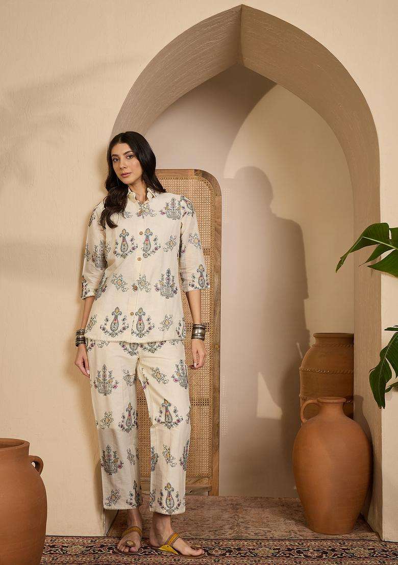 Cream Embroidered Silk Co Ord Sets - Indya