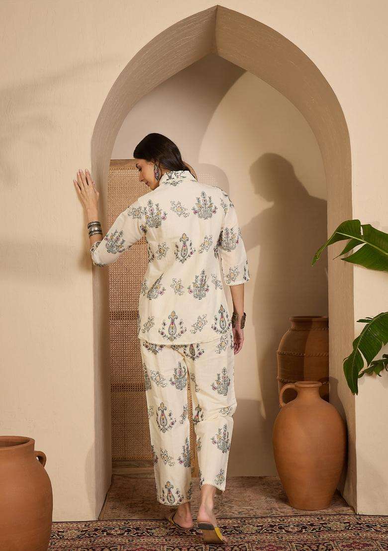 Cream Embroidered Silk Co Ord Sets - Indya