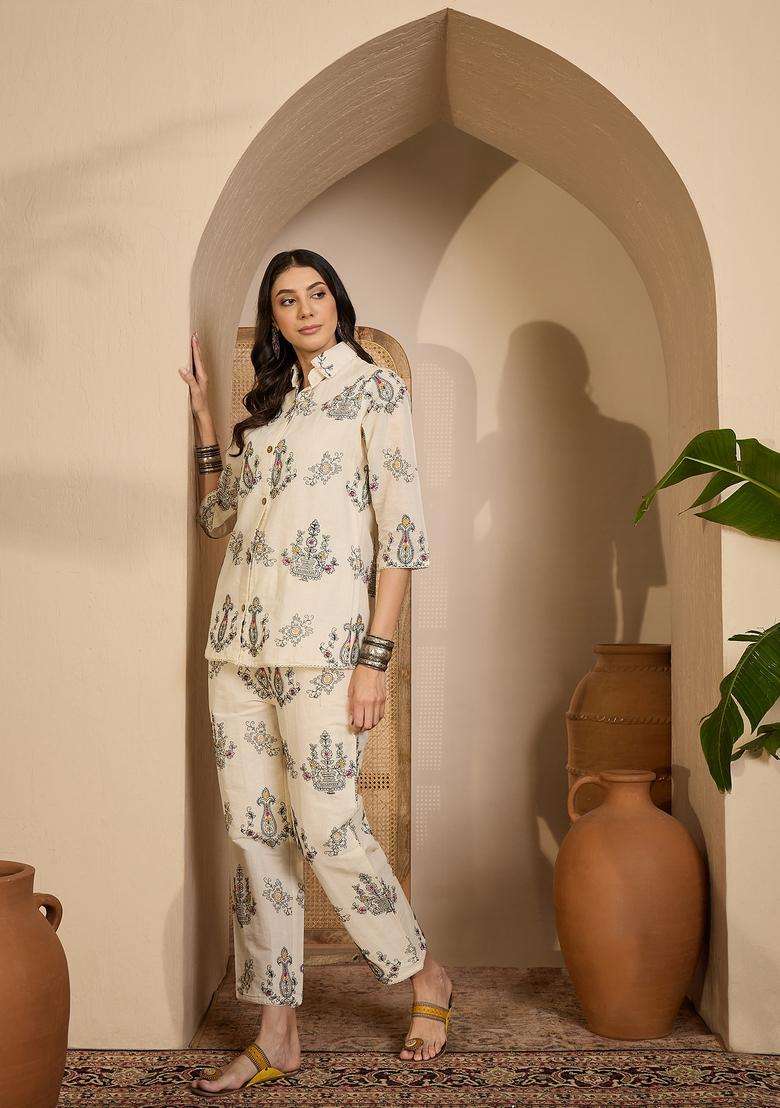 Cream Embroidered Silk Co Ord Sets - Indya