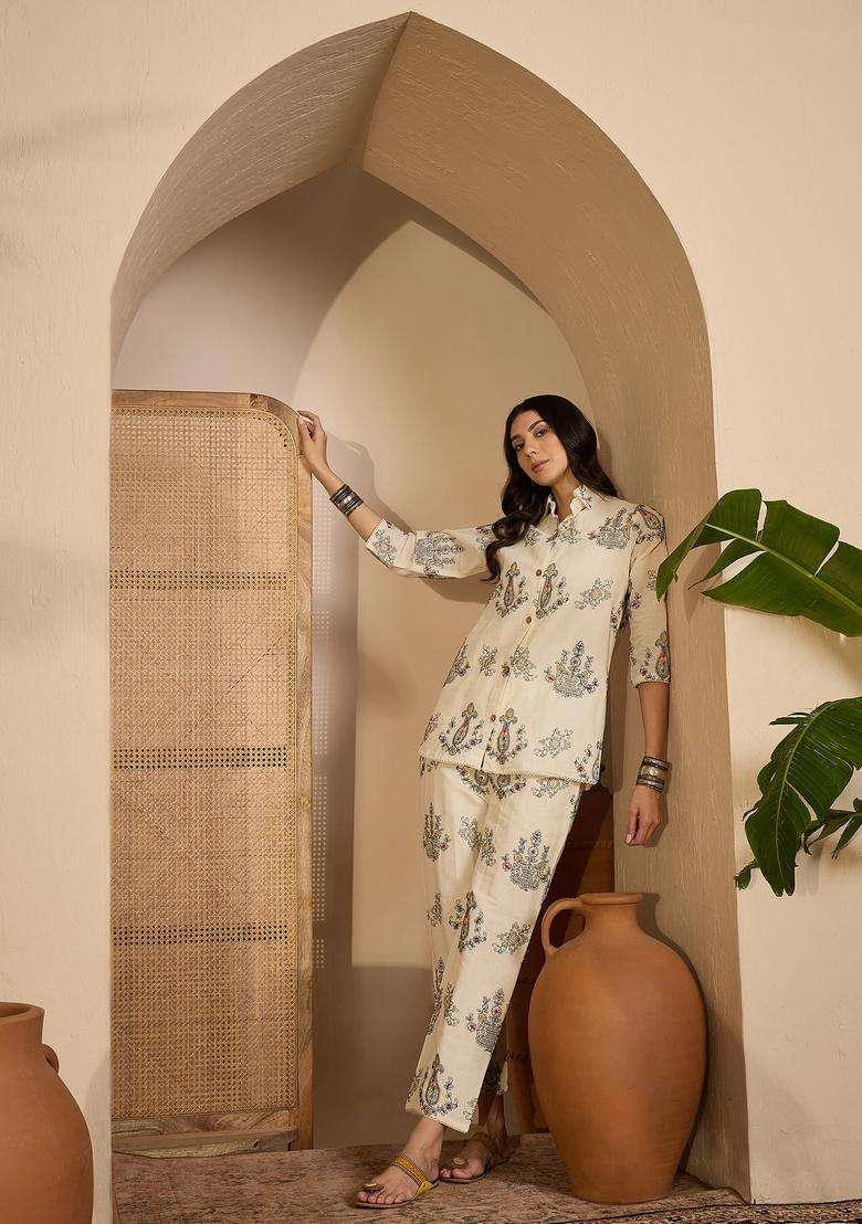 Cream Embroidered Silk Co Ord Sets - Indya