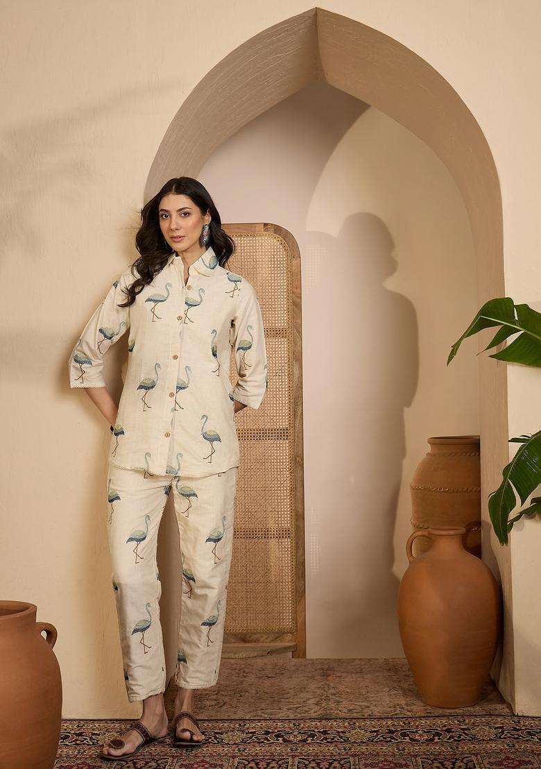 Cream Embroidered Silk Co Ord Sets - Indya