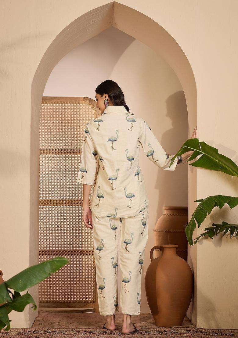 Cream Embroidered Silk Co Ord Sets - Indya