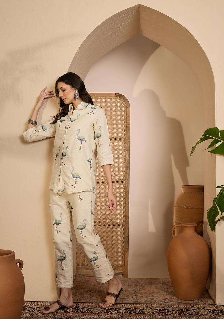 Cream Embroidered Silk Co Ord Sets - Indya