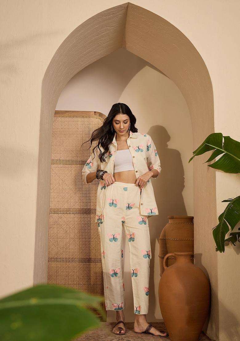Cream Embroidered Silk Co Ord Sets - Indya