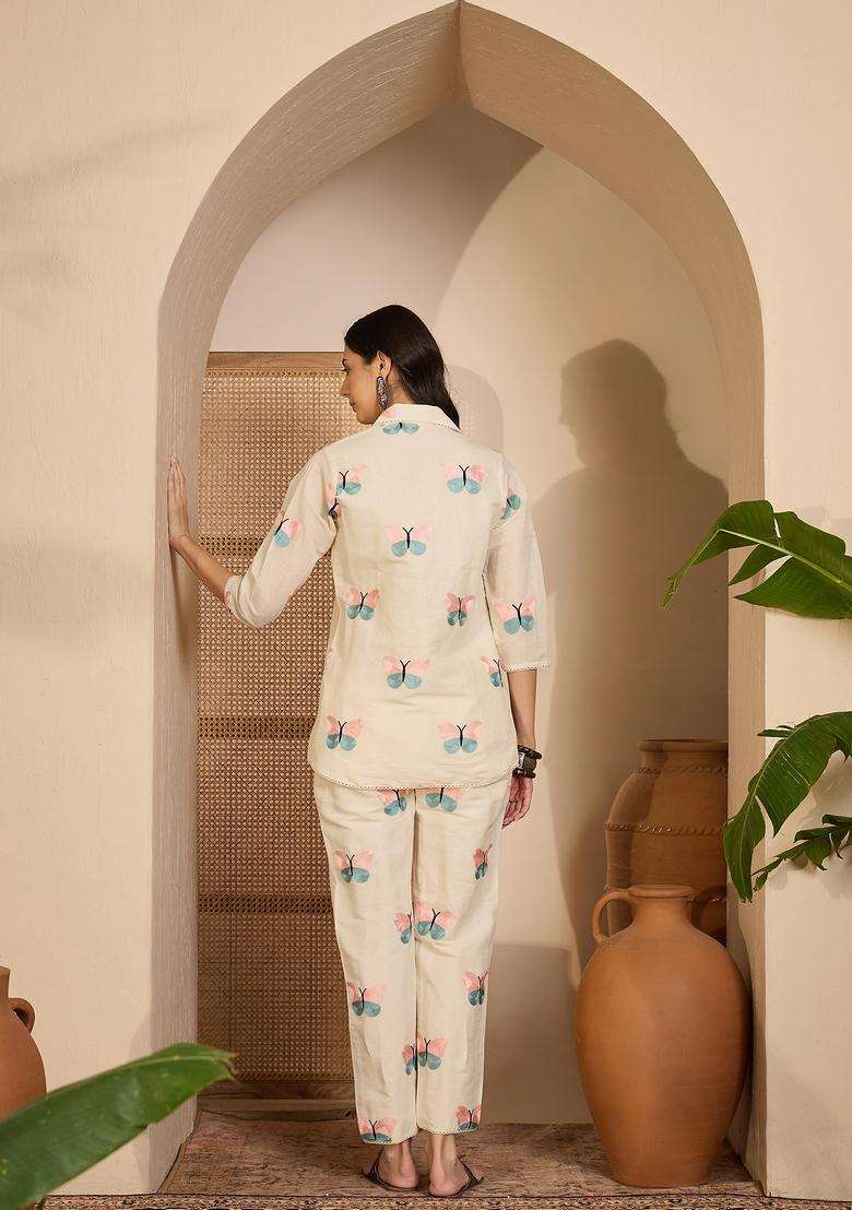 Cream Embroidered Silk Co Ord Sets - Indya