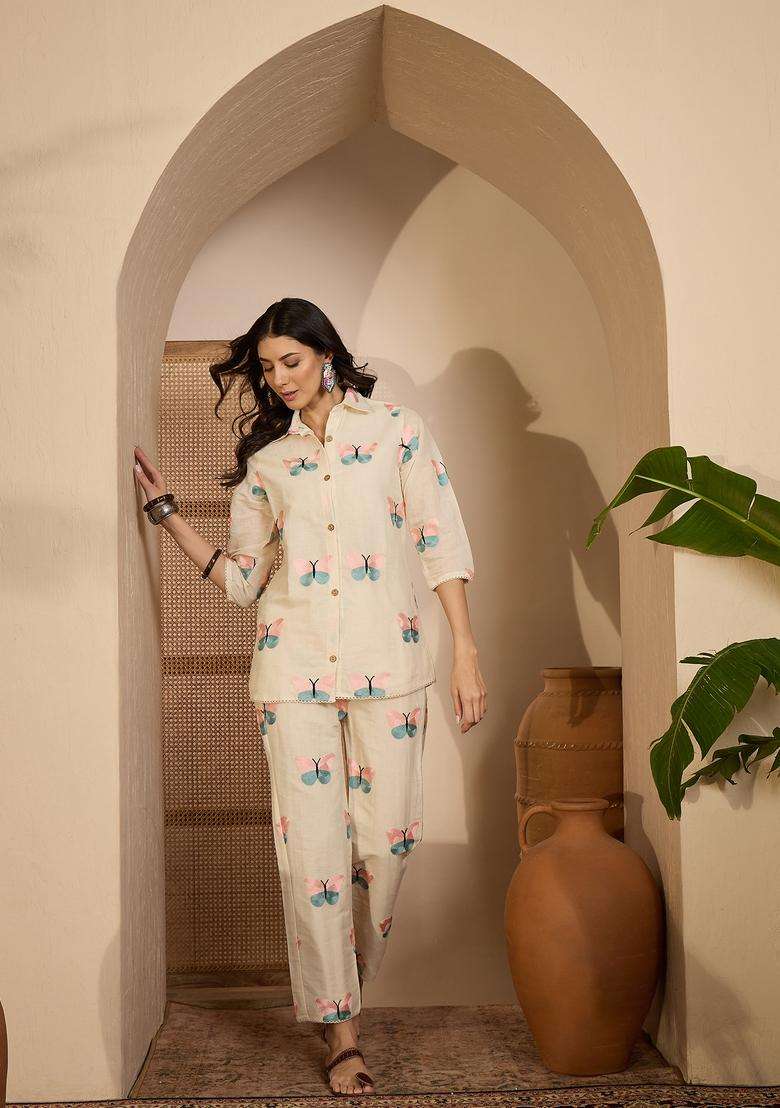Cream Embroidered Silk Co Ord Sets - Indya