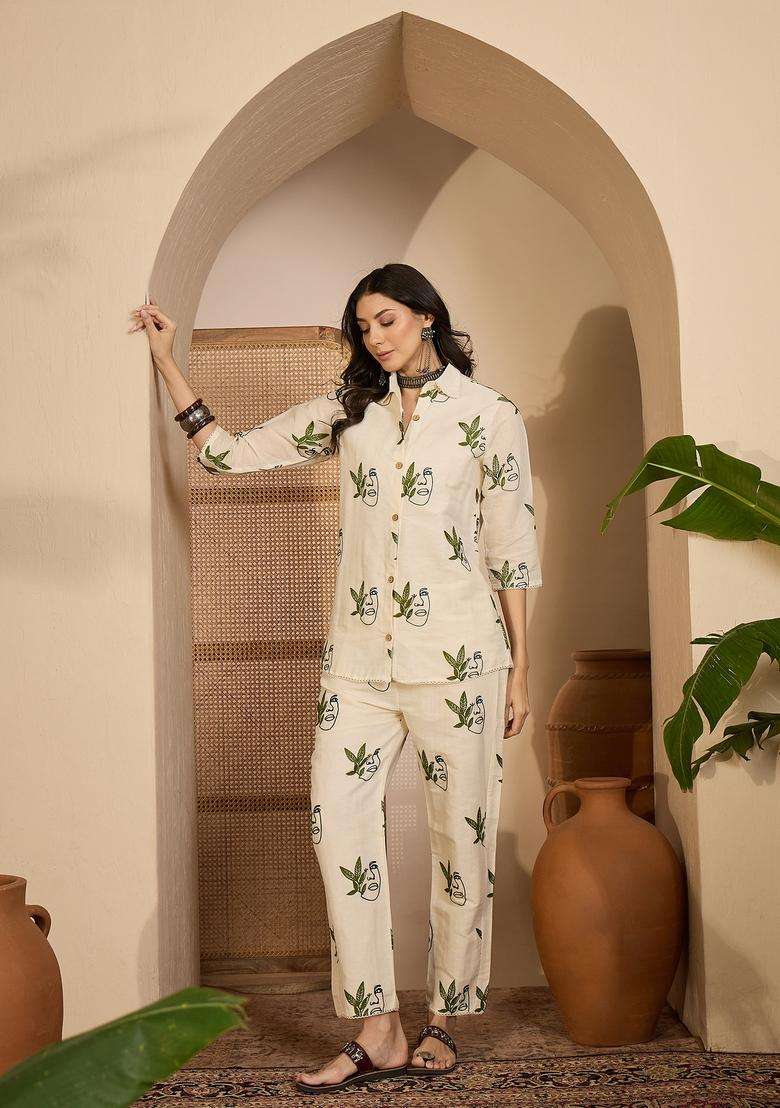 Cream Embroidered Silk Co Ord Sets - Indya