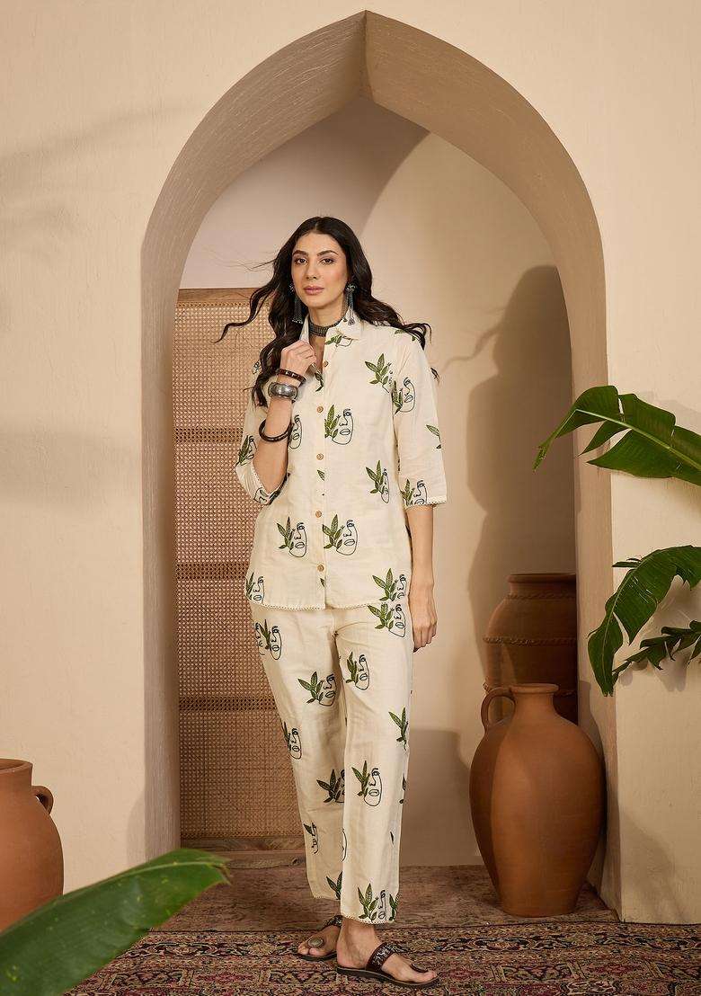 Cream Embroidered Silk Co Ord Sets - Indya