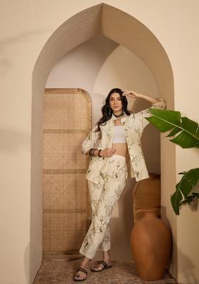 Cream Embroidered Silk Co Ord Sets