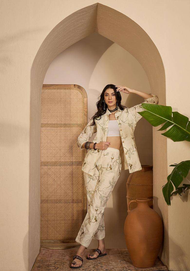Cream Embroidered Silk Co Ord Sets - Indya