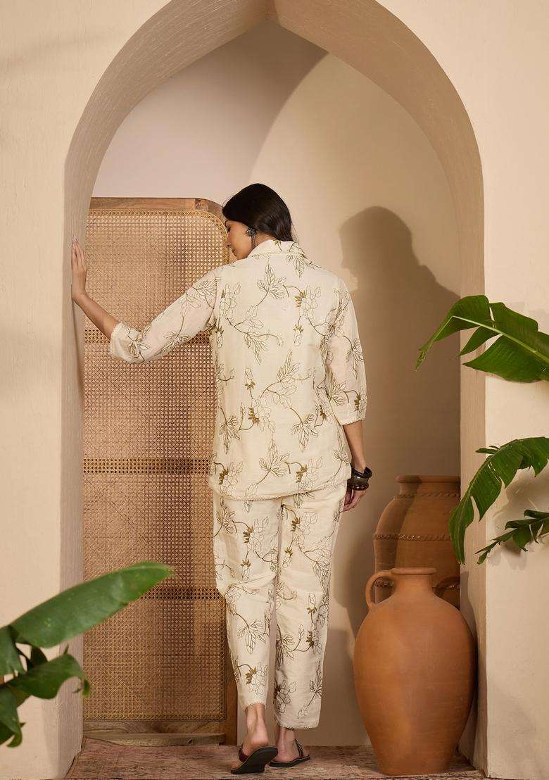 Cream Embroidered Silk Co Ord Sets - Indya