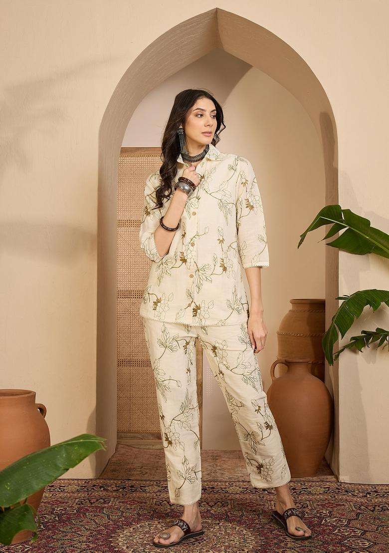 Cream Embroidered Silk Co Ord Sets - Indya