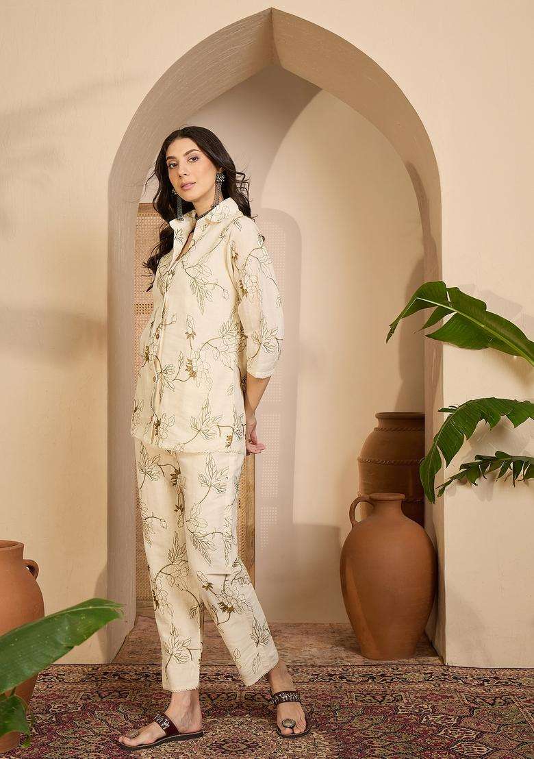 Cream Embroidered Silk Co Ord Sets - Indya