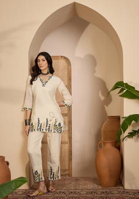 Cream Embroidered Silk Co Ord Sets