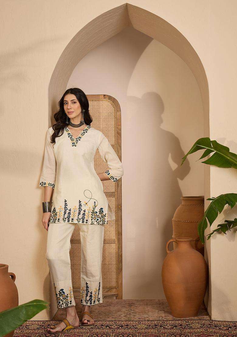 Cream Embroidered Silk Co Ord Sets - Indya