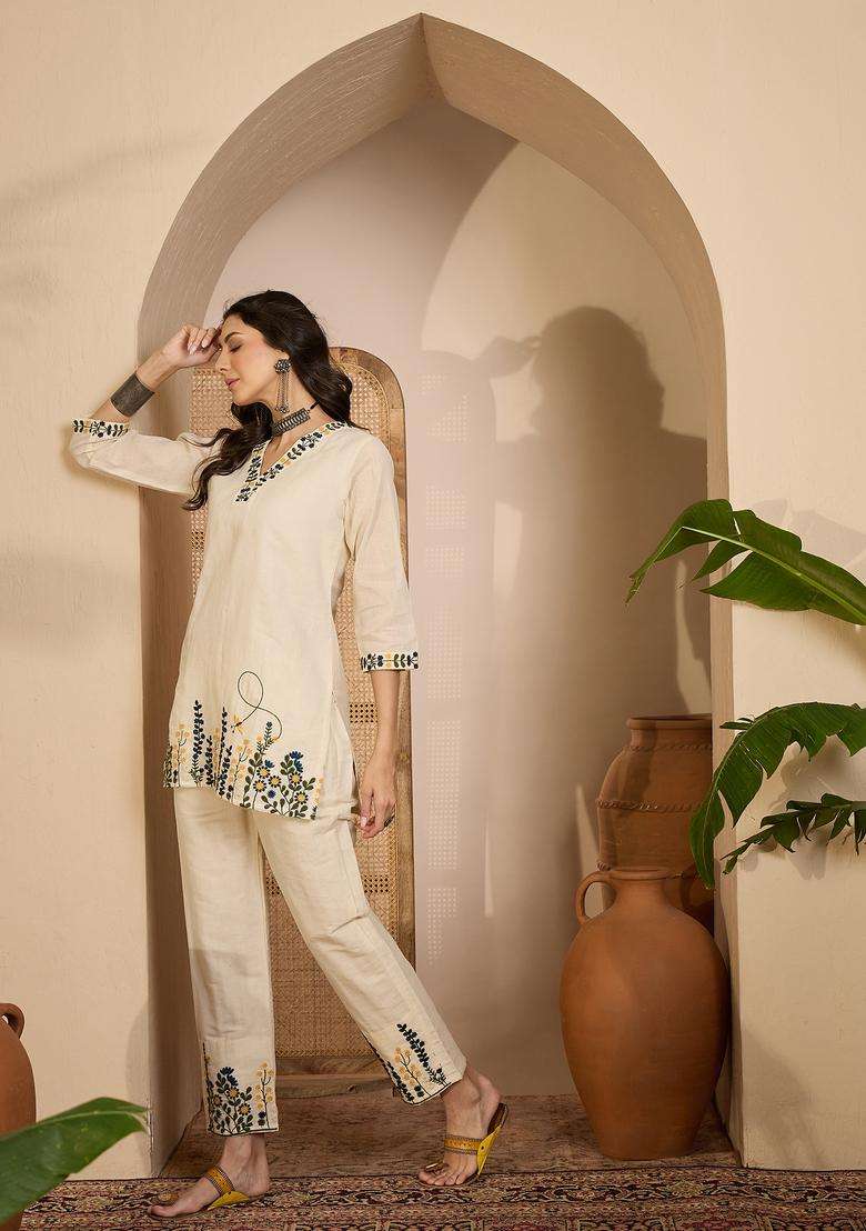 Cream Embroidered Silk Co Ord Sets - Indya
