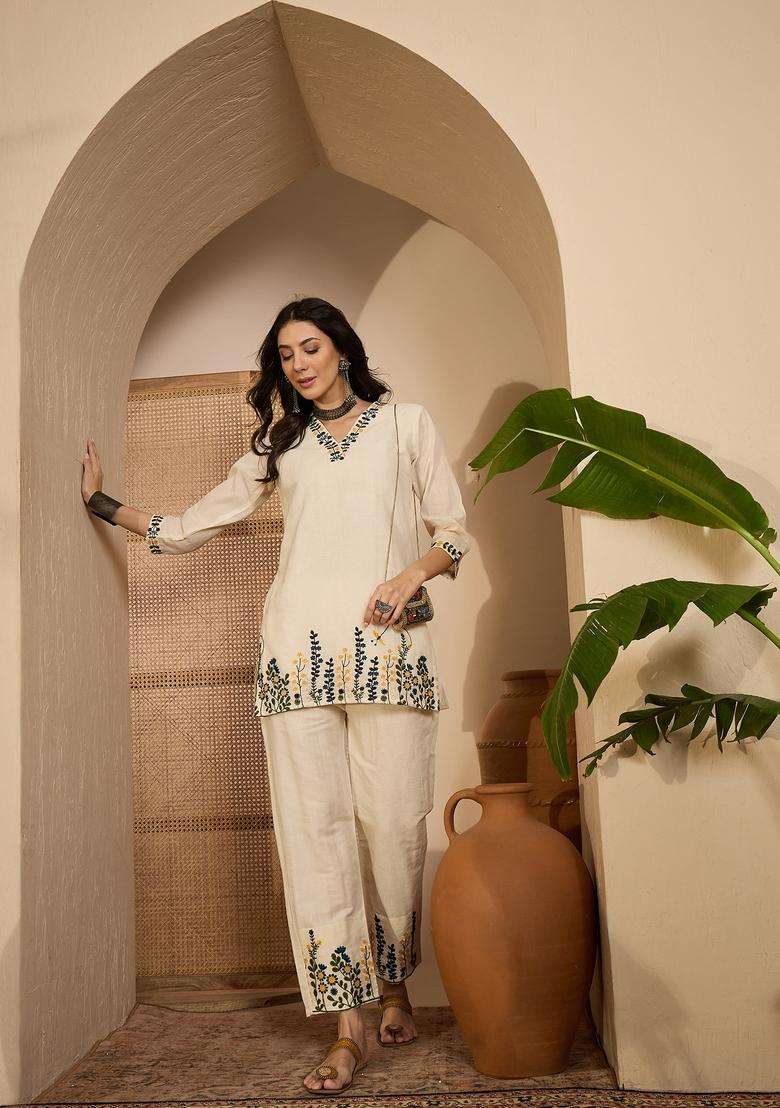Cream Embroidered Silk Co Ord Sets - Indya