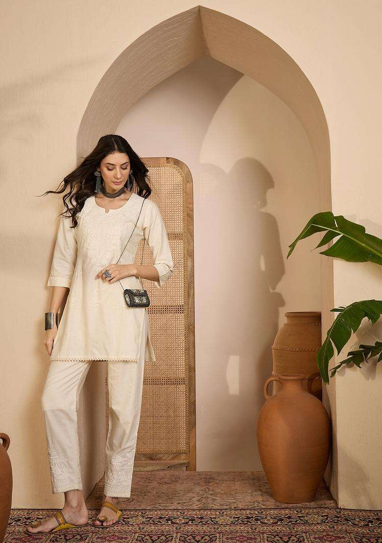 Cream Embroidered Silk Co Ord Sets - Indya