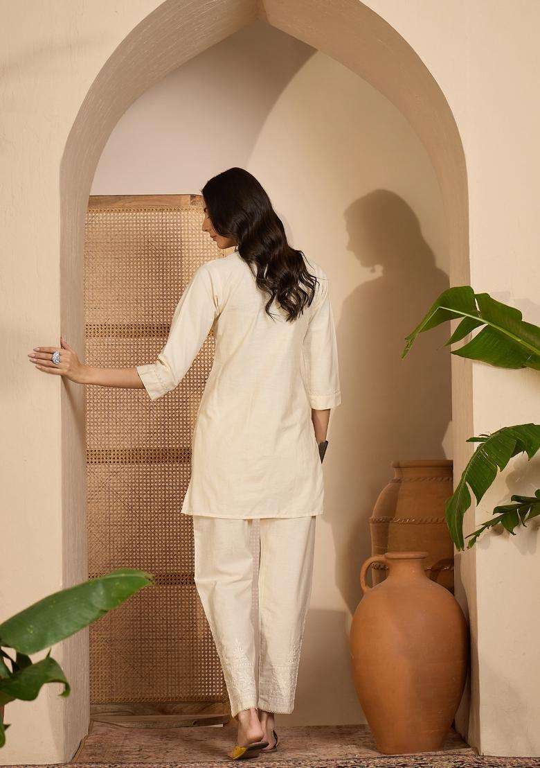 Cream Embroidered Silk Co Ord Sets - Indya