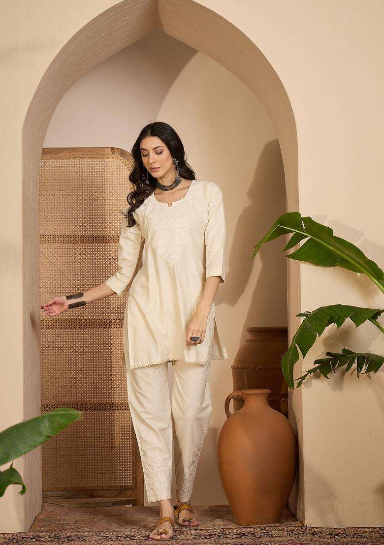 Cream Embroidered Silk Co Ord Sets - Indya