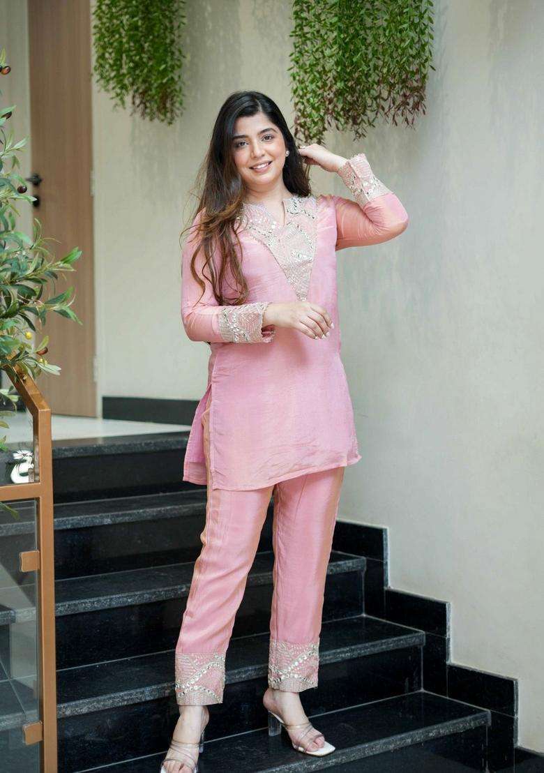 Pink Embroidered Silk Co Ord Sets - Indya