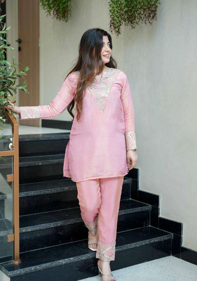 Pink Embroidered Silk Co Ord Sets - Indya
