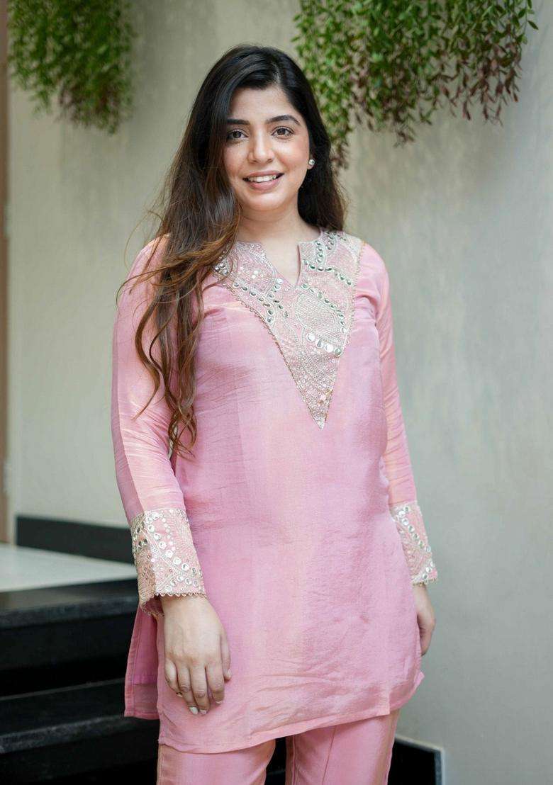 Pink Embroidered Silk Co Ord Sets - Indya