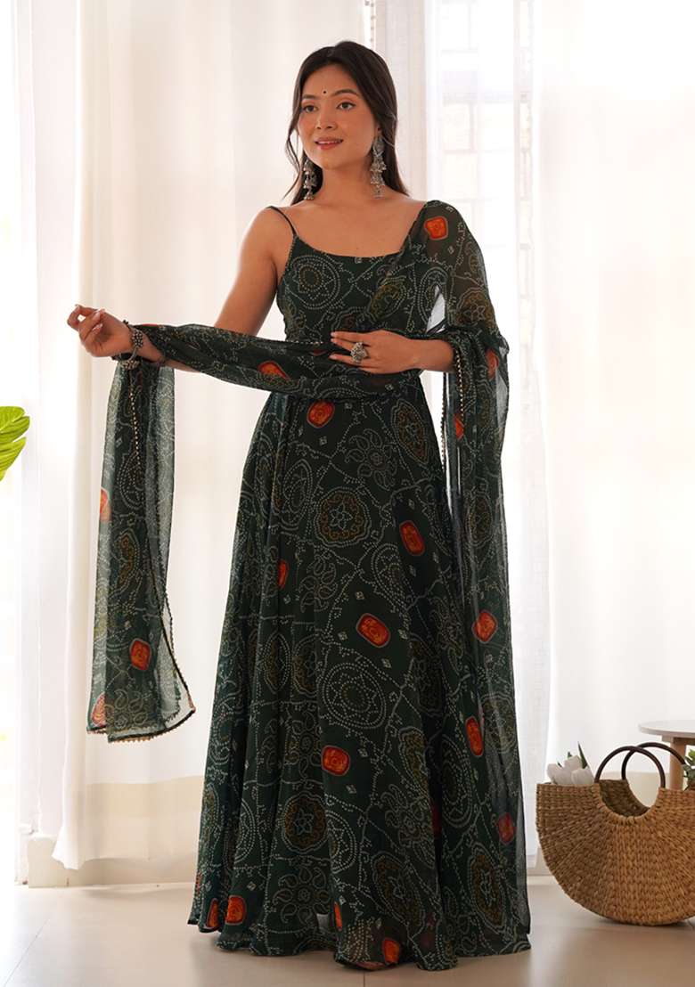 Green Printed Chiffon Indo Western Dress With Dupatta - Indya