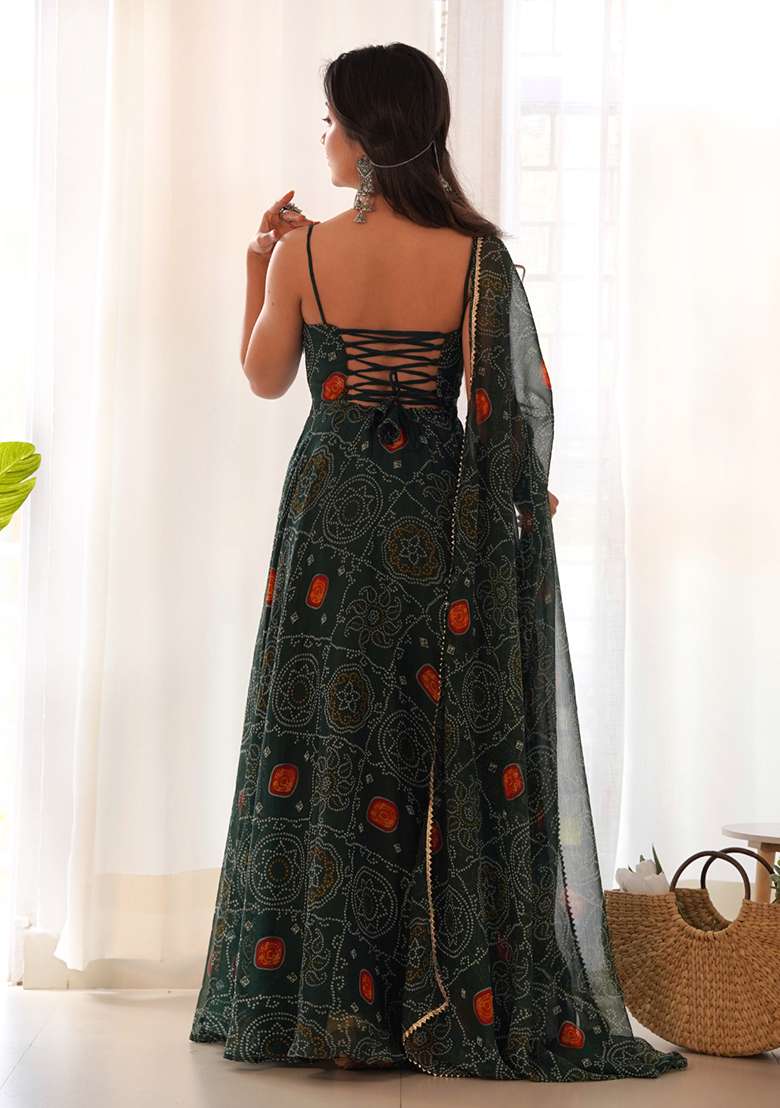 Green Printed Chiffon Indo Western Dress With Dupatta - Indya