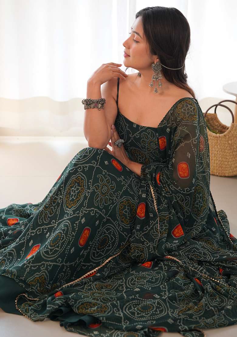 Green Printed Chiffon Indo Western Dress With Dupatta - Indya