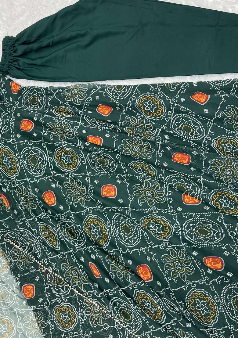 Green Printed Chiffon Indo Western Dress With Dupatta - Indya