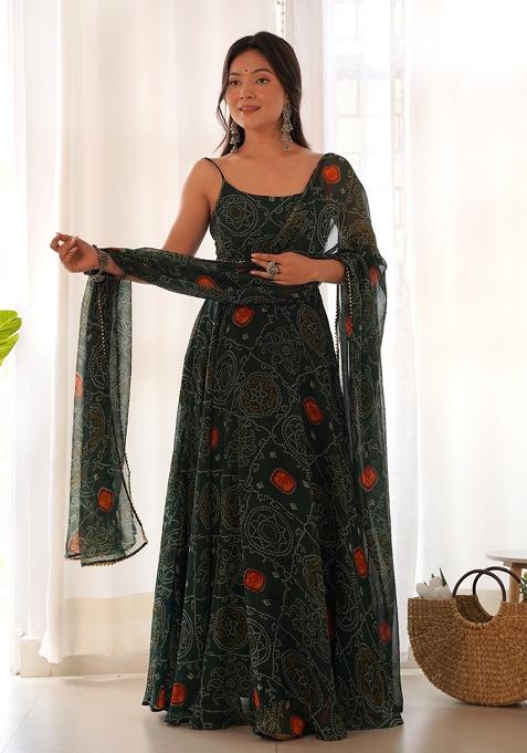 Green Printed Chiffon Indo Western Dress With Dupatta
