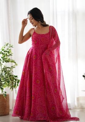 Rani Pink Printed Chiffon Indo Western Dress With Dupatta