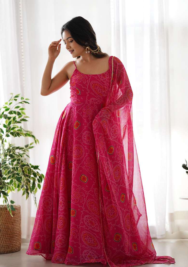 Rani Pink Printed Chiffon Indo Western Dress With Dupatta - Indya