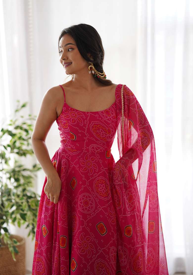 Rani Pink Printed Chiffon Indo Western Dress With Dupatta - Indya