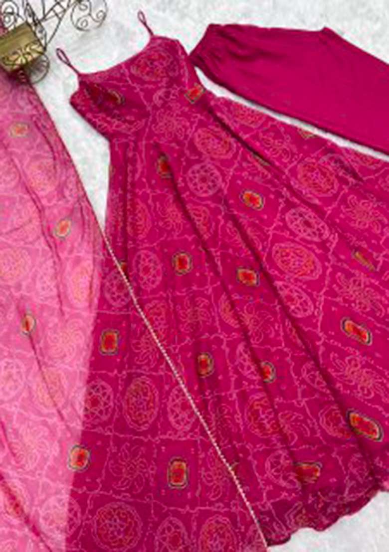 Rani Pink Printed Chiffon Indo Western Dress With Dupatta - Indya