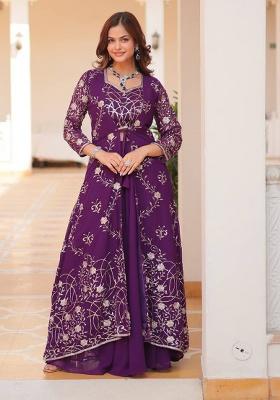 Purple Embroidery Georgette Indo Western Co Ord Set
