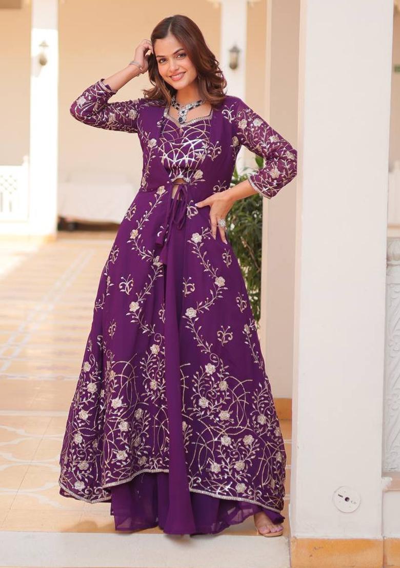 Purple Embroidery Georgette Indo Western Co Ord Set - Indya