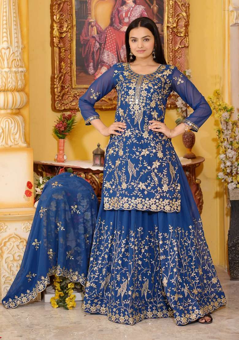 Navy Blue Embroidered Georgette Sharara Set - Indya