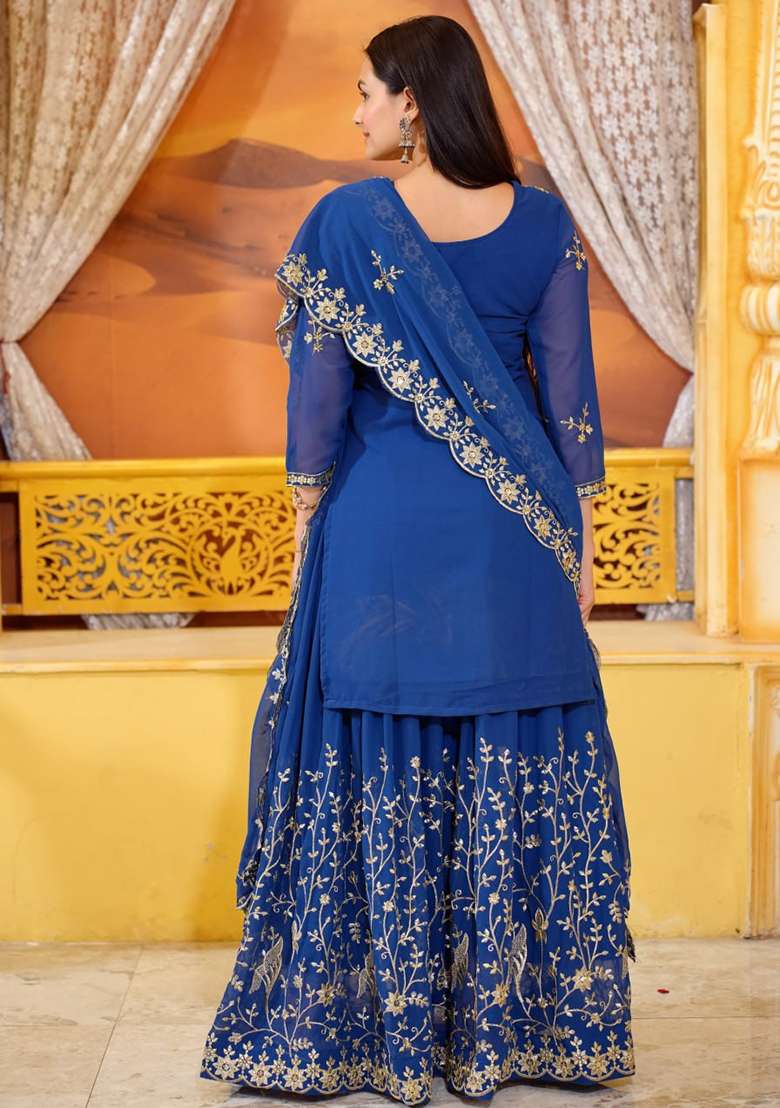Navy Blue Embroidered Georgette Sharara Set - Indya
