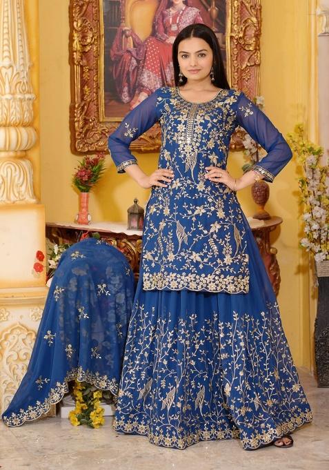 Navy Blue Embroidery Georgette Indo Western Dress With Dupatta