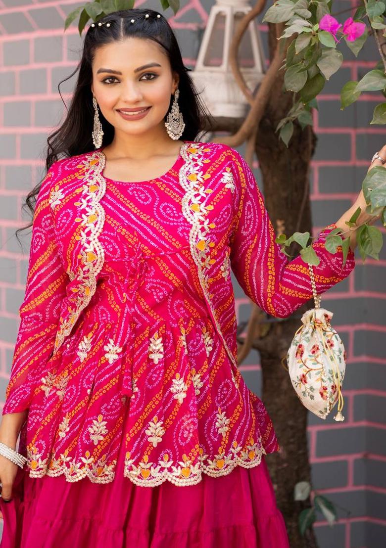Rani Pink Embroidery Chinon Indo Western Co Ord Set - Indya