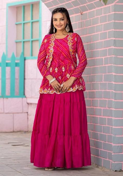 Rani Pink Embroidery Chinon Indo Western Co Ord Set